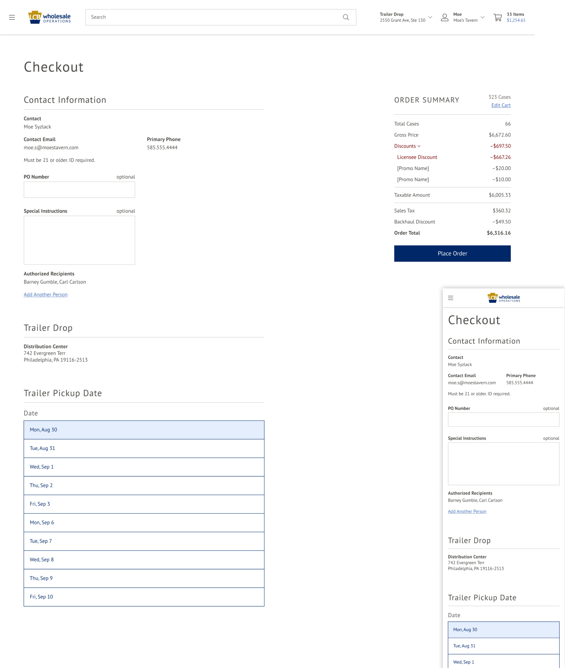 Checkout flow for the trailer drop fulfillment scenario, showing order details and scheduling